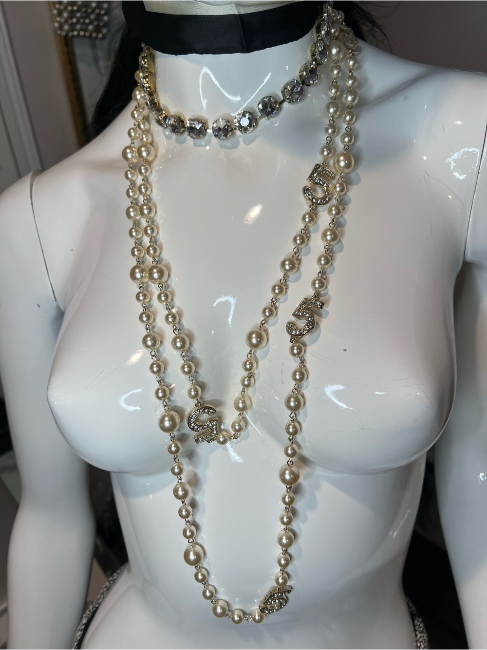 Ivory Pearl Long Necklace with Crystal Letter Accents